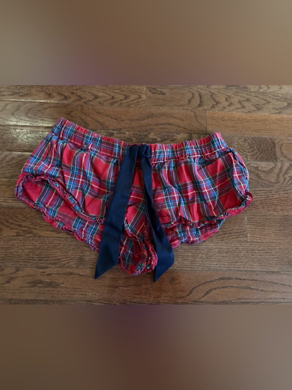 Abercrombie & Fitch Red Plaid Ruffle Shorts with Navy Tie